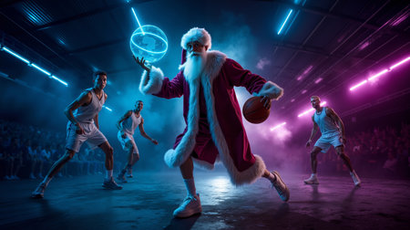 A man dressed as Santa Claus is holding a basketball and surrounded by three men in basketball uniformsの素材