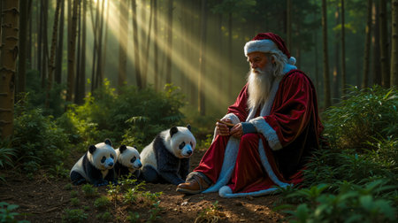Santa Claus sitting on the ground surrounded by three panda bearsの素材