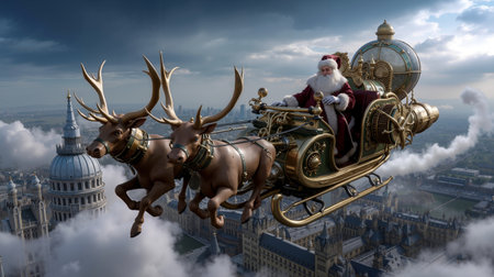 Santa Claus riding a golden sleigh pulled by two reindeer over a city skylineの素材