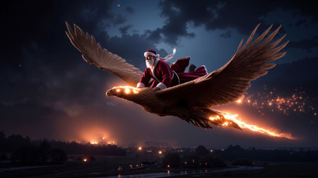 A fantastical image of Santa Claus riding a majestic eagle through a night skyの素材