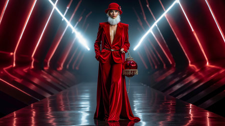 A woman in a red suit and hat stands in a futuristic setting with red lightsの素材