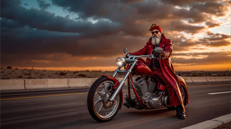 A man in a red coat and a red beard rides a red motorcycle on a road with a red skyの素材