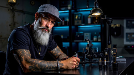 A man with a beard and tattoos is sitting at a table with various items including a lamp and bottles in a dimly lit roomの素材