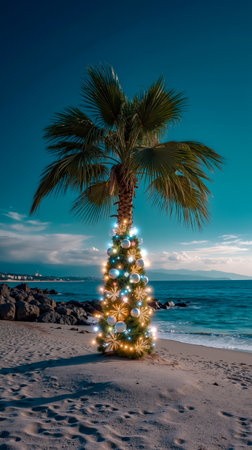 A palm tree decorated with a Christmas tree on the beachの素材