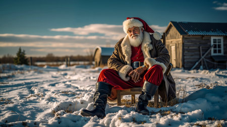 A man dressed as Santa Claus sits on a wooden chair in a snowy fieldの素材