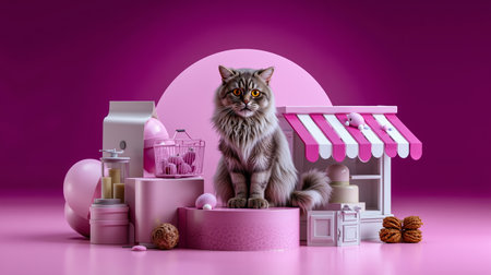 A gray cat sitting on a pink box in front of a piggy bank surrounded by pink and white itemsの素材