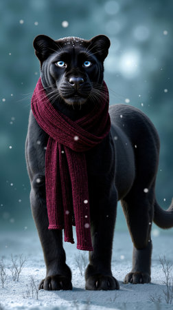 A black panther wearing a red scarf in a snowy landscapeの素材