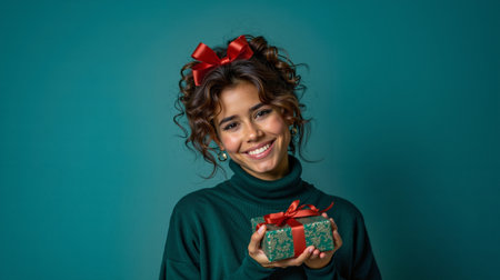 A woman with curly hair wearing a green sweater smiling and holding a gift wrapped in red and greenの素材