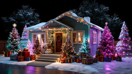 A colorful festive Christmas scene with a house trees and presentsの素材