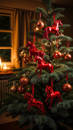 A Christmas tree decorated with red horse ornaments and gold ornamentsの素材