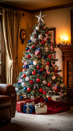 A Christmas tree decorated with red white and blue ornaments and lightsの素材