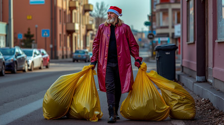 A man in a red coat and a Santa hat is walking down a street carrying three yellow bagsの素材