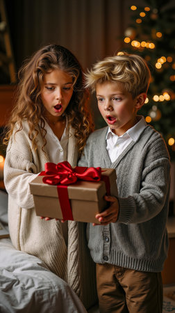 Two children a boy and a girl are excitedly opening a gift box with a red ribbonの素材