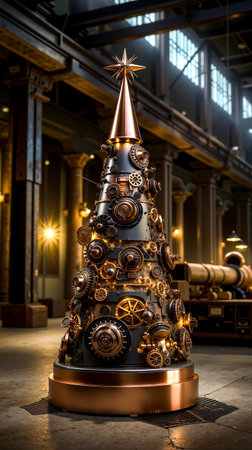 A large ornate Christmas tree made of gears and a star on top set against a dimly lit industrial backgroundの素材