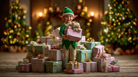 A young girl in a green elf costume is standing in front of a large stack of colorful presents holding a pink gift with a teddy bear insideの素材