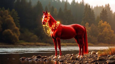 A red horse with a glowing mane and tail stands on rocks by a river surrounded by treesの素材
