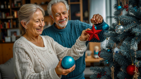 An elderly couple decorating a Christmas tree with blue ornamentsの素材