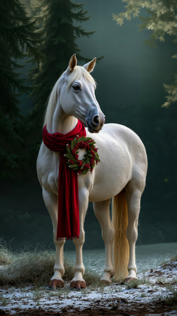A white horse with a red scarf and a wreath of red berries around its neck standing in a forestの素材
