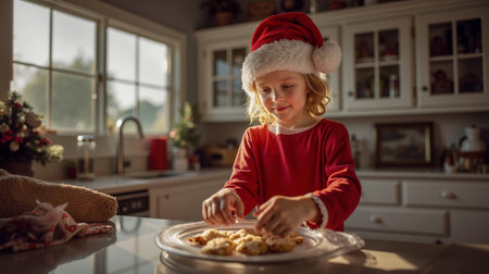 A young girl wearing a red shirt and a Santa hat is standing at a kitchen counter smiling as she reaches for a cookieの素材