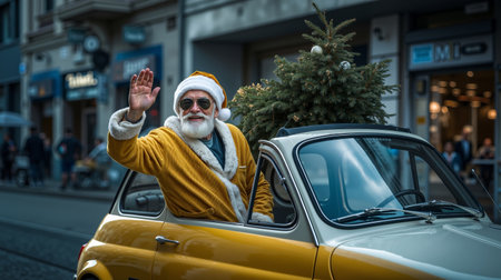 A man dressed as Santa Claus is waving from the back of a yellow carの素材