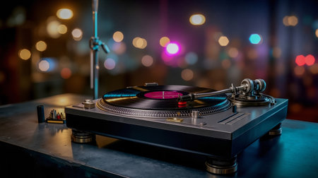 A DJ turntable with a record on it set against a blurred cityscape with colorful lightsの素材