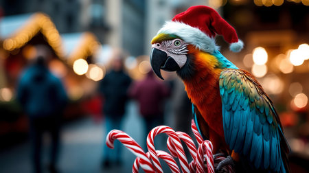 A colorful parrot wearing a red and white santa hatの素材