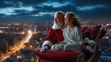A man and woman dressed as Santa Claus and an angel are sitting in a sleigh looking out over a city at nightの素材