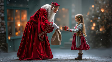 A young girl is receiving a gift from a man dressed as Santa Clausの素材