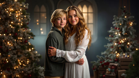 A young boy and girl hugging in front of a Christmas treeの素材