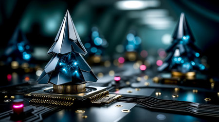 A digital artwork featuring a futuristic Christmas tree with a circuit board base surrounded by other circuit board trees and illuminated by blue lightsの素材