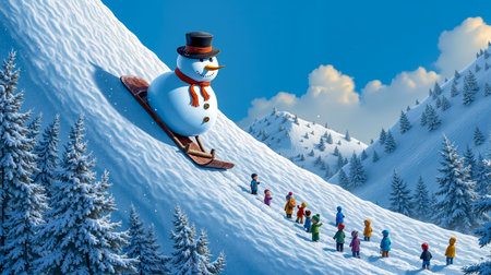 A whimsical illustration of a snowman skiing down a snowy mountain with a group of children following behindの素材