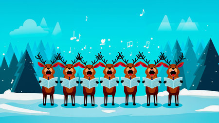 A group of deer with antlers standing in a row and singing set against a winter landscape with snow and treesの素材