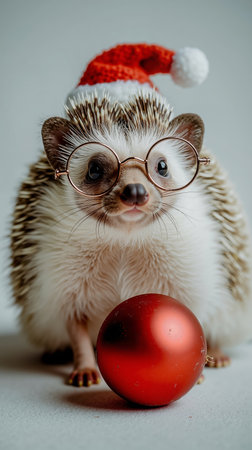 A hedgehog wearing glasses and a red hatの素材