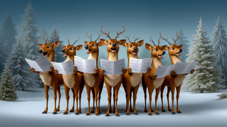 A group of animated deer with antlers standing together and reading from a sheet of paperの素材