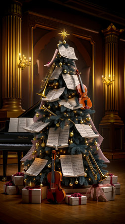 A Christmas tree decorated with musical notes and instruments surrounded by wrapped presents and illuminated by golden lightsの素材