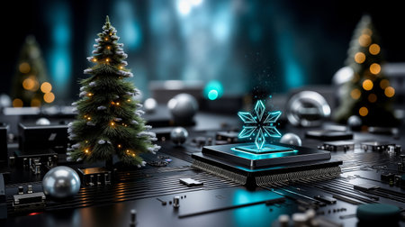 A digital rendering of a Christmas scene with a glowing star on a circuit boardの素材