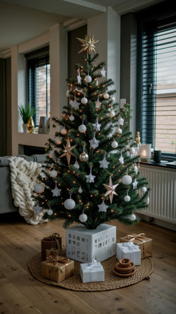 A Christmas tree with white decorations and lights placed on a woven mat on a wooden floorの素材