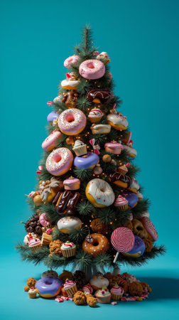 A Christmas tree made of donuts and cakesの素材