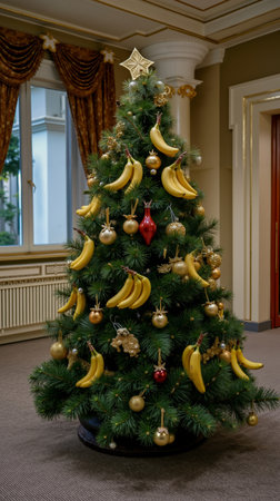 A Christmas tree decorated with bananas and gold ornamentsの素材