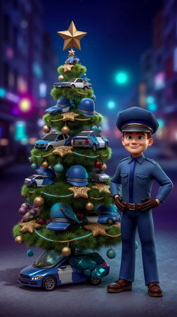 A cartoon police officer stands next to a Christmas tree decorated with police cars and starsの素材