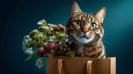 A brown and black striped cat with green eyes is sitting in a brown paper bag filled with pink and white flowersの素材