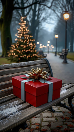 A red gift box with a gold bow on a park benchの素材