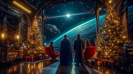 A group of people in robes standing in front of a Christmas tree and a large window with a view of a planet and starsの素材