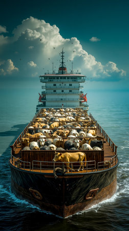 A large ship carrying a herd of cows on its deckの素材