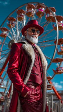 A man in a red suit and hat stands in front of a carnival ferris wheelの素材