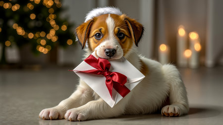A cute puppy with a red bow on its neck sitting on a white surface looking at the cameraの素材