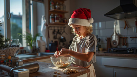 A young girl wearing a Santa hat is preparing food in a kitchenの素材