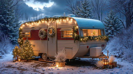 A festively decorated camper van parked in a snowy forestの素材