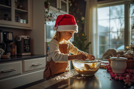 A young girl wearing a Santa hat is mixing ingredients in a bowl in a kitchenの素材