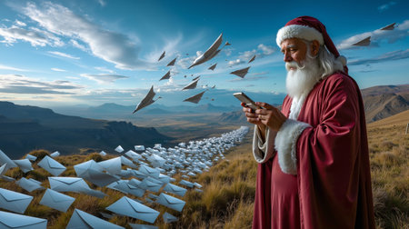 A man dressed as Santa Claus is standing on a hill looking at his cell phone surrounded by a crowd of white origami birds flying in the skyの素材